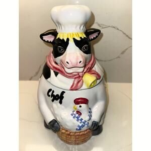 Vintage Cookie Jar Cow and Chicken Stoneware Large Lidded Country Kitchen